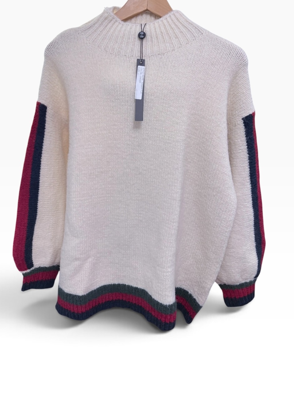 NWT Lyla + Luxe Cream Rib-Neck Sweater with Red & Navy Stripe Cuff Sz Large